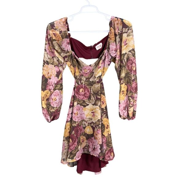 Showpo Women 6 Floral Mini Chiffon Cutout Dress Long Puff Sleeve Sweetheart Neck - Picture 10 of 16